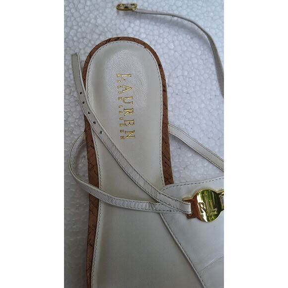 Lauren Ralph Lauren Anita Cork and Leather Flat Sandals White Size 10 Gold Logo - Picture 9 of 10